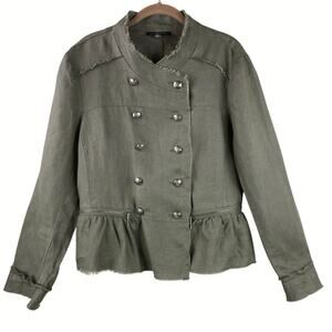 INC 100% Linen Shirt Jacket Size L Olive Green Military Utility